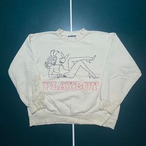Playboy crewneck‎ sweatshirt Men's size XL Cream & Pink Thrashed Flaws*